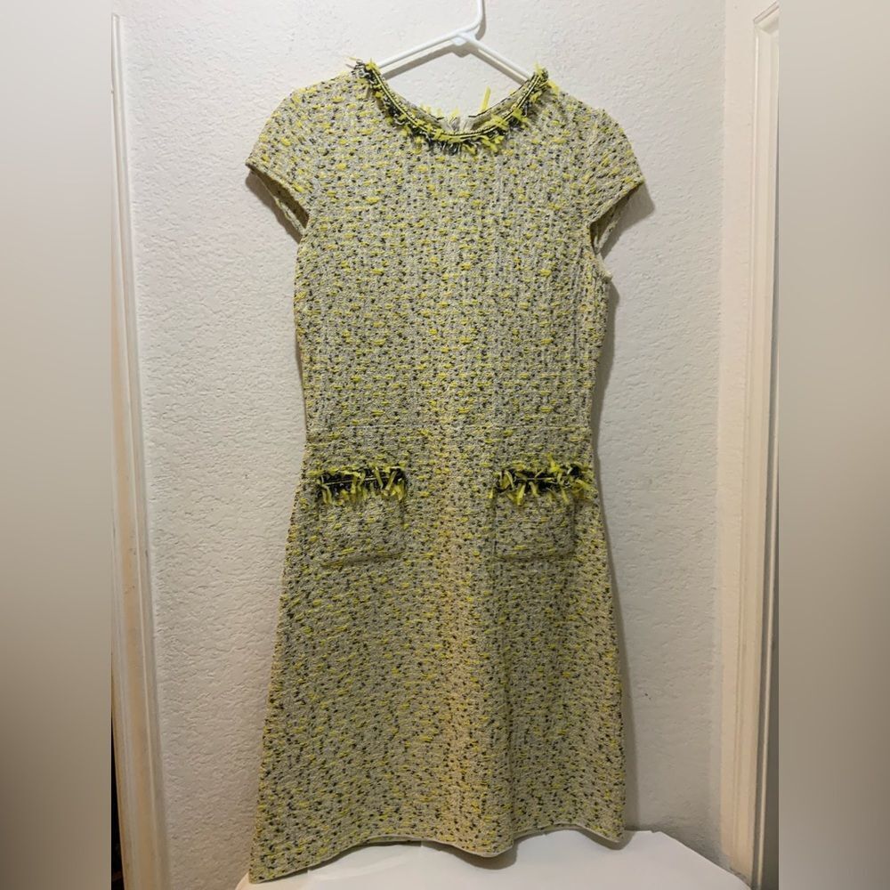 NWT St. John Yellow Tweed Dress Black White Short Sleeve Classic Wool size 4 D2